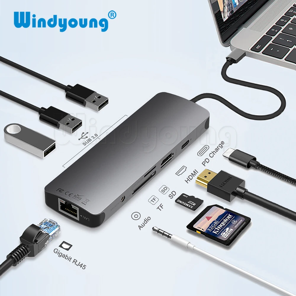 

Док-станция Thunderbolt 3, USB C, HDMI, USB 3,0, RJ45, 3,5 мм