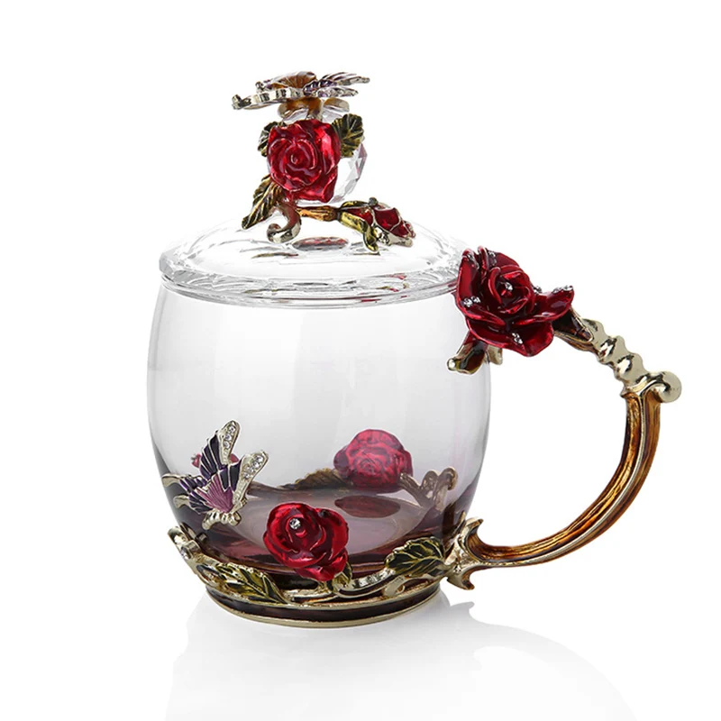 

Enamel Coffee Tea Cup Mug 3D Rose Butterfly Glass Cups Wedding Gift Novelty elegant carved cup with spoon BDF99