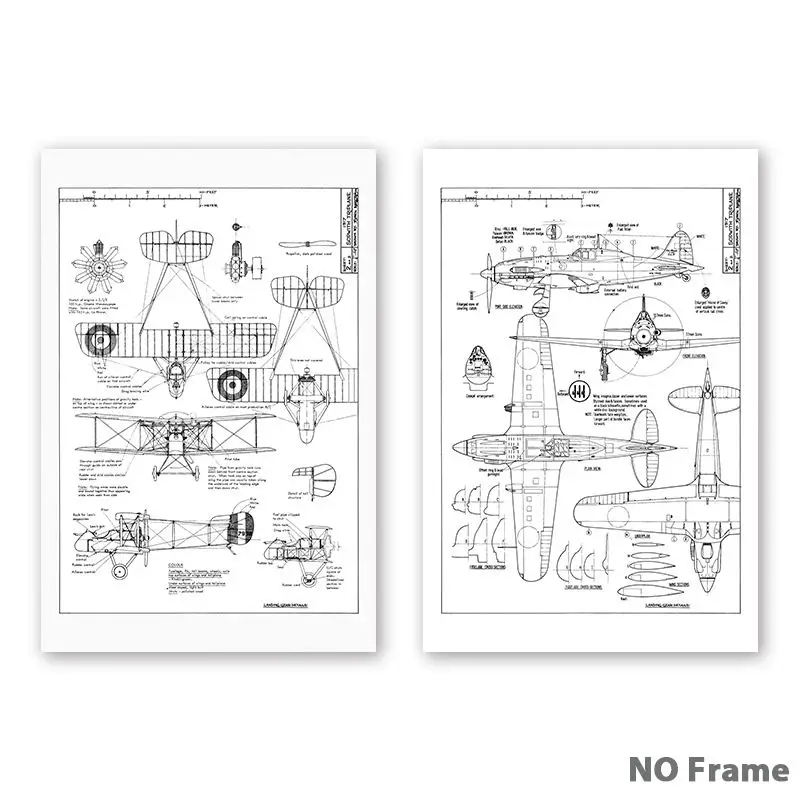 2 Pcs Set Линия ретро самолет 2D Эскиз Холст живопись плакат и печать плакат на научную тематику спальня стены искусство картина домашний декор инженер подарок - Цвет: 2 Pcs Set