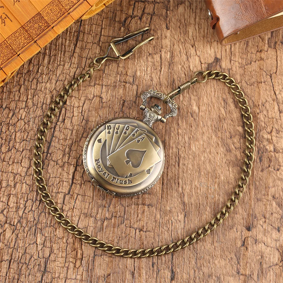 

Royal Flush Poker Card Design Fashion Bronze Men Women Quartz Pocket Watch with Vintage Chain for Unique Gifts