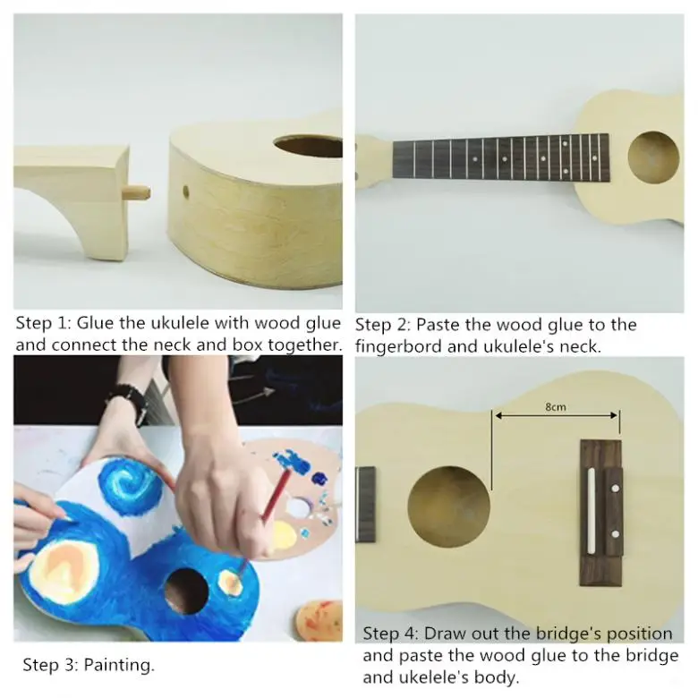 21 дюймов Гавайские гитары укулеле DIY Kit липа сопрано Гавайи Гитара картина ручной работы с высокого класса конфигурации