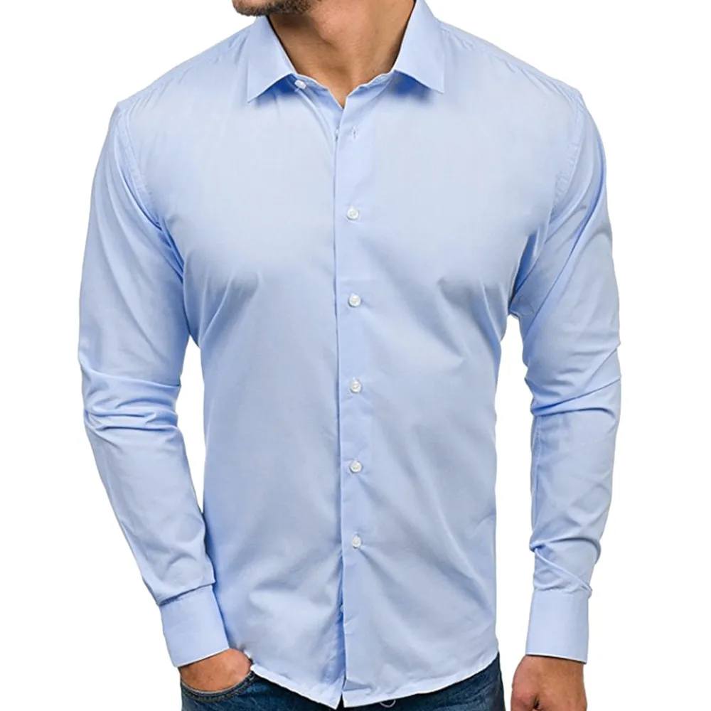 Light Blue Мужская рубашка из хлопка, приталенная, длинный рукав, отложной воротник, повседневная, одноцветная, на пуговицах, белые рубашки, формальный Топ, блузка, осень, Hemden Herren C - Цвет: Light Blue