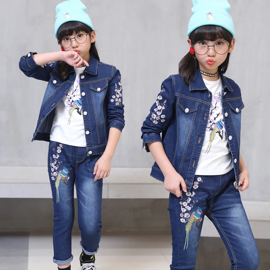 Джинсовая куртка с цветочной вышивкой для девочек 6 12 лет|Комплекты одежды
