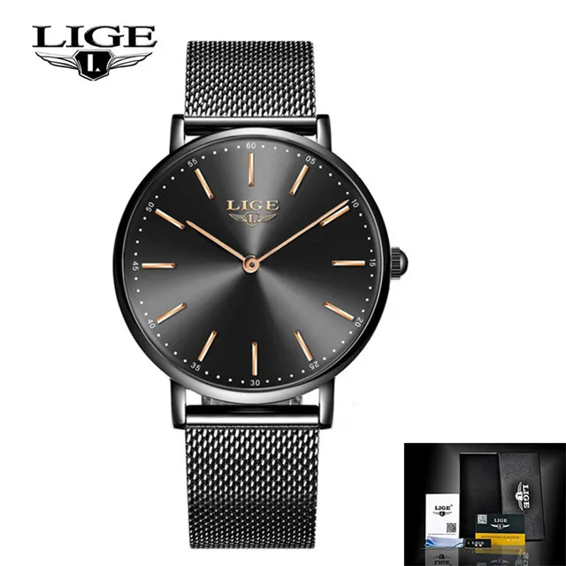 Black Lige Top Фирменная Новинка Роскошные Для женщин ультра-тонкий белый кардиган с Сталь часы модные простые Водонепроницаемый Женские кварцевые наручные часы Relogio Feminino - Цвет: Black