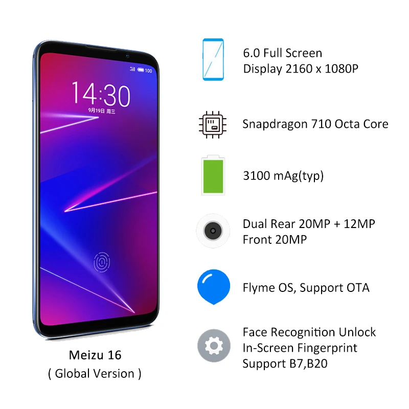 Глобальная версия Meizu 16 4G LTE 6G ram 64G 128GB rom мобильный телефон Snapdragon 710 Восьмиядерный