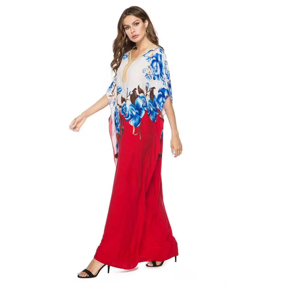 Платье с цветочным принтом VKDR1549 длинное платье в стиле бохо рукавом летучая