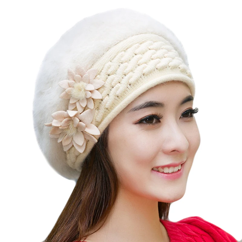 Элегантные женские береты из кроличьего меха шапка на зиму и весну вязаная с