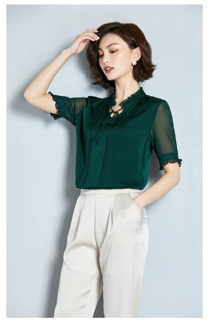 AYUNSUE, летняя мода, натуральный шелк, Blusas Mujer De Moda,, элегантная повседневная женская блузка с v-образным вырезом, женский топ с коротким рукавом S19X258