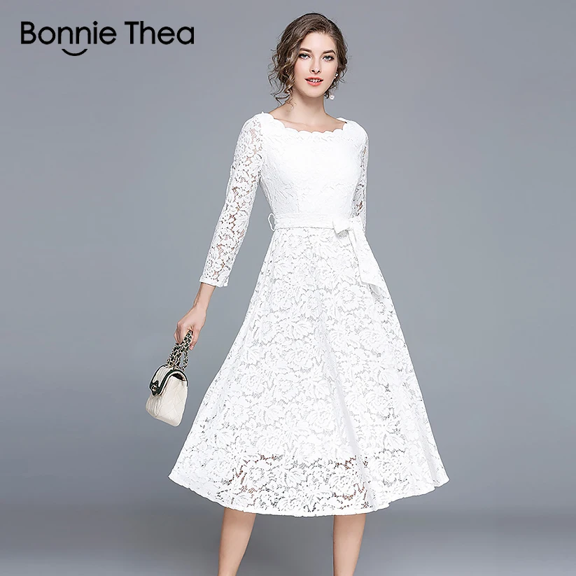 Bonnie Thea женское элегантное белое кружевное длинное платье Осенние Женские