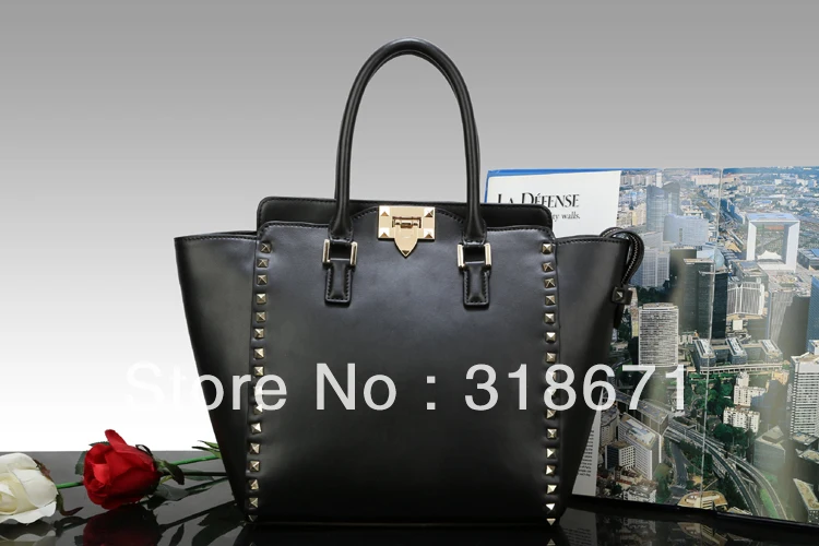 2013 Italy Female Rivet Portable Shoulder Bags Lady Zipper Genuine Leather Messenger Bag Women Famous Brand Crossbody Handbags | Багаж и