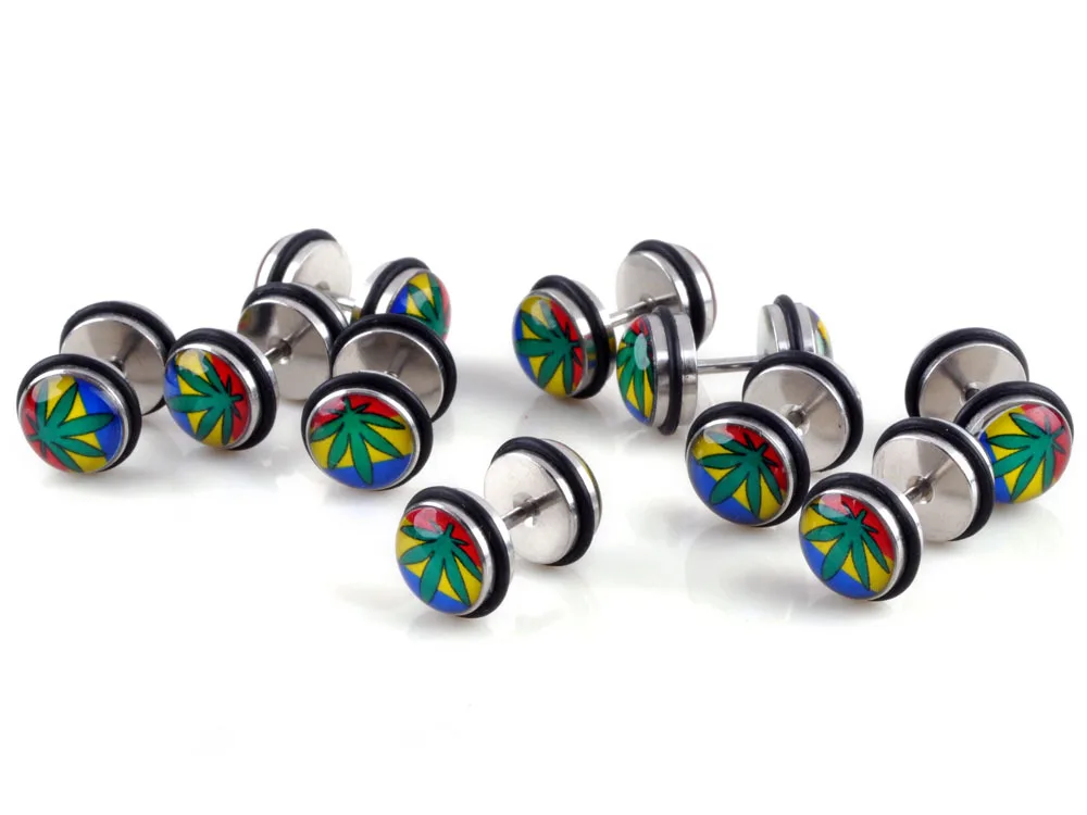 2pcs Leaf on rainbow Stainless Steel Mens Stud Earrings Cheater Fake Ear Plugs Gauges Illusion Tunnel Piercing | Украшения и
