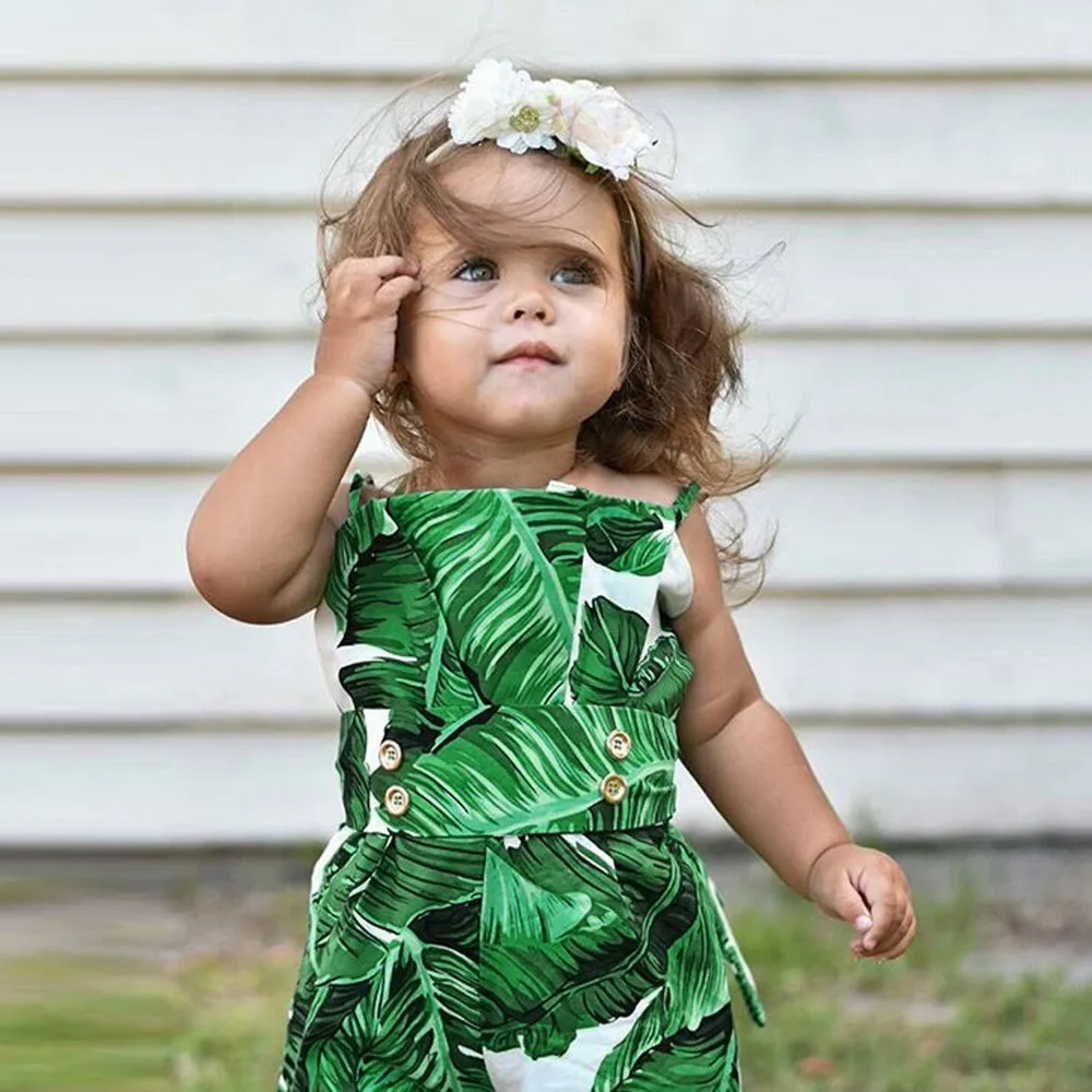 Leaves Print Strap baby Girls Bodysuits Cotton Sleeveless Infant Baby Girls Jumpsuit Outfits Clothes New Trendy Summer