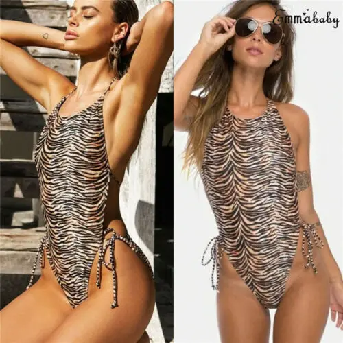 Женское Бандажное бикини с леопардовым принтом Цельный купальник пуш-ап пляжная