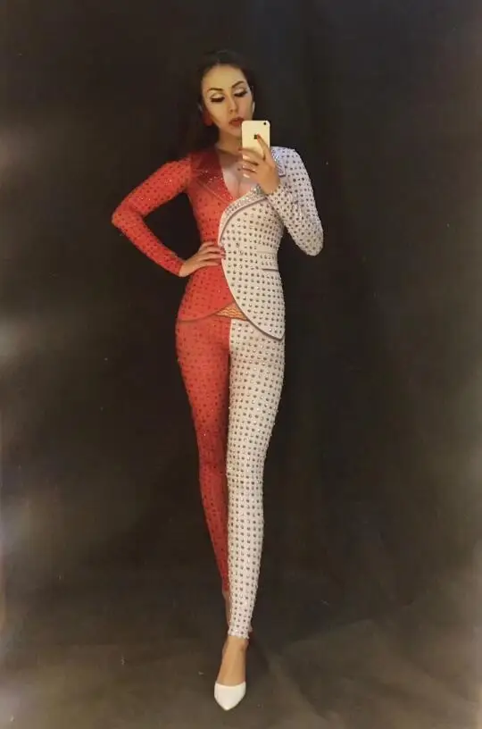 Jumpsuit Красный, белый с костюмы узор комбинезон певица пикантные этап наряд боди цельный костюм блестят стрейч комбинезон - Цвет: Jumpsuit