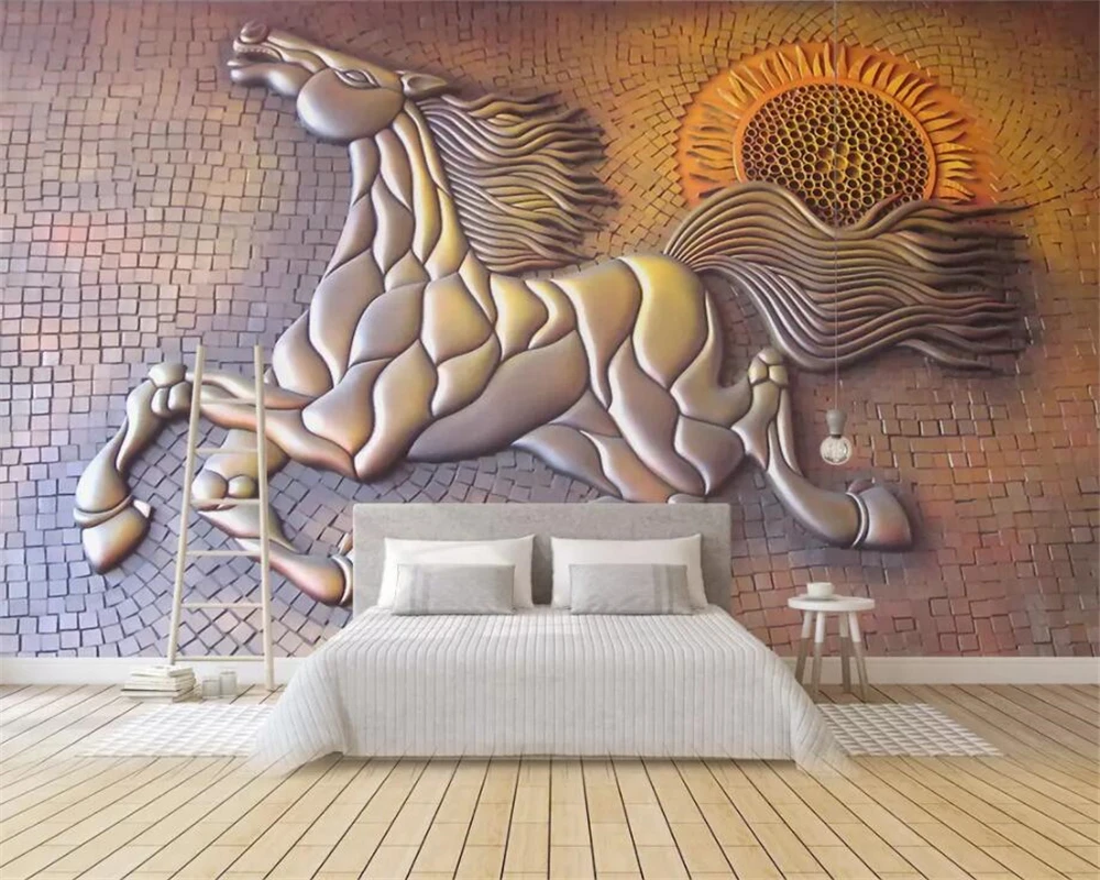 

Фотообои Beibehang, Креативные 3D трехмерные тисненые золотые бегущие лошади, фон для телевизора, настенные украшения, 3d обои