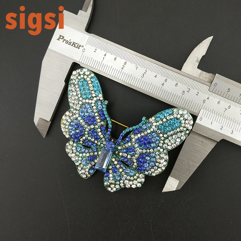 

Free shipping 60mm blue butterfly brooch pin rhinestone insect broach pins