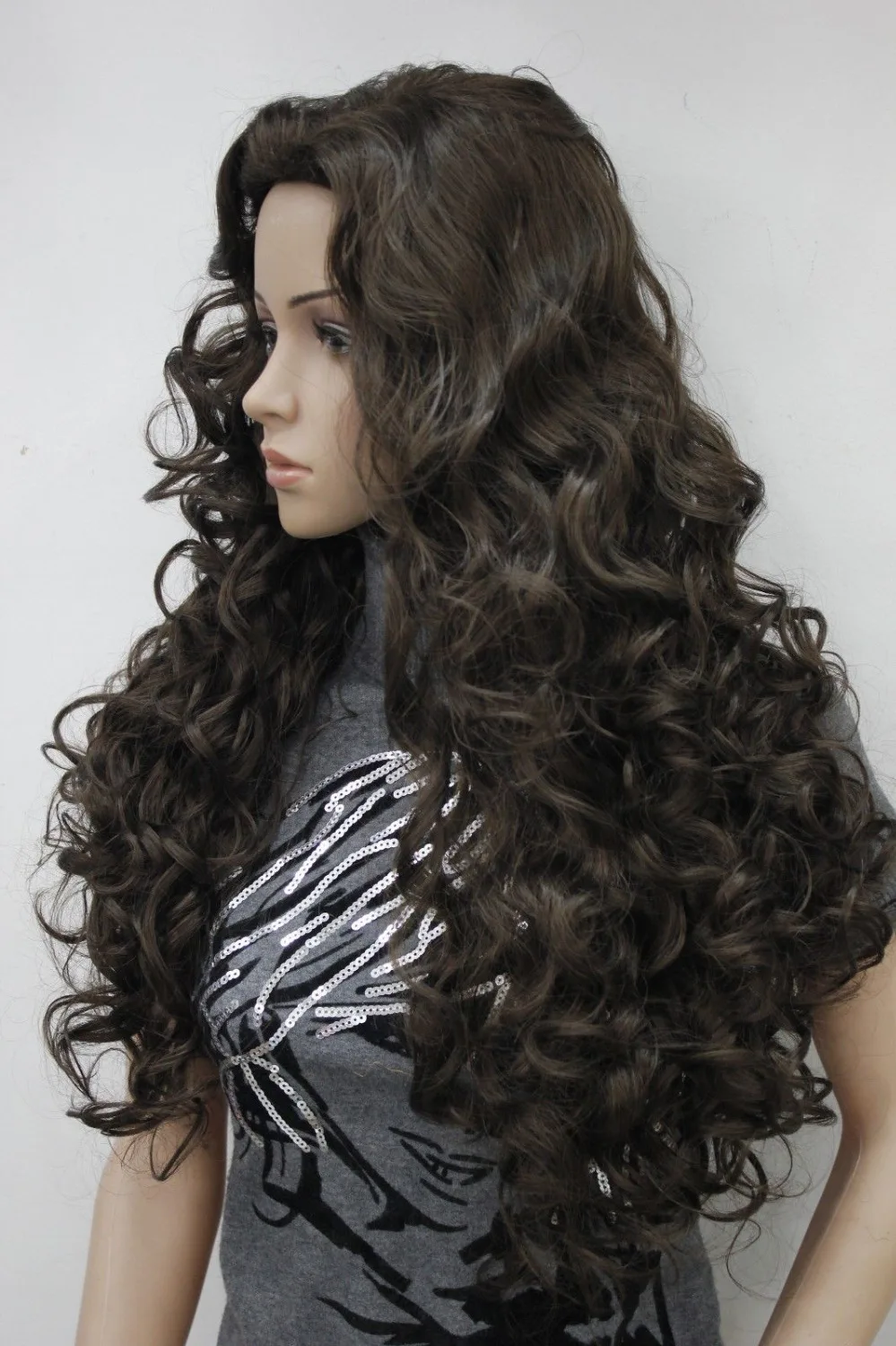 N2379 мода коричневый длинные вьющиеся полный парик |