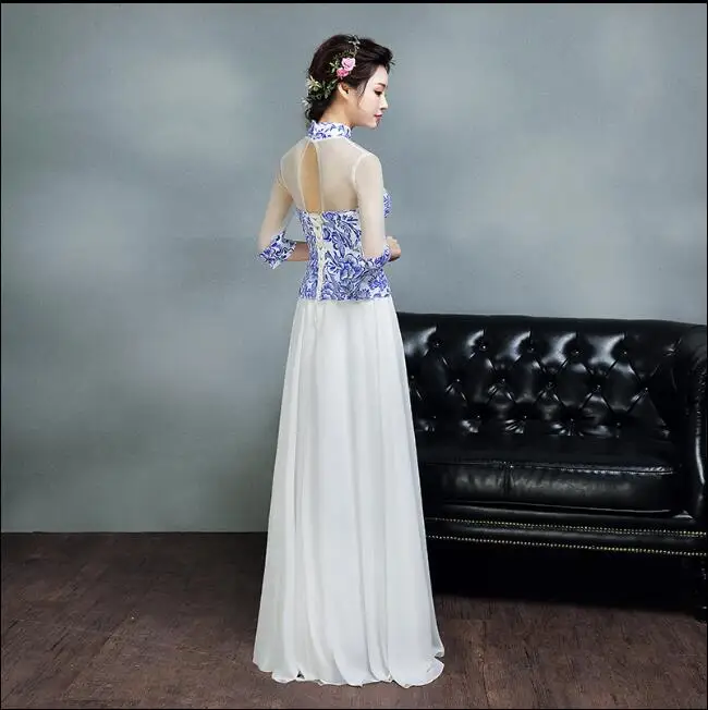 Летнее сине-белое фарфоровое вечернее платье чонсам китайское восточное |