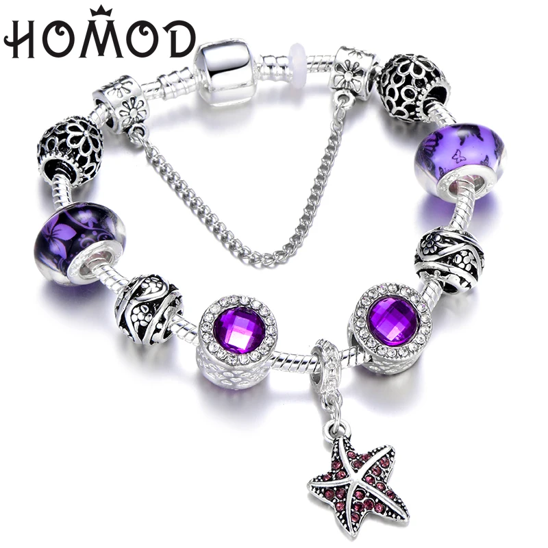 HOMOD Fashion Gift Jewelry Starfish Pendant Charm Bracelet With Crystal Beads Brand Bracelets For Women Summer Accessories | Украшения и