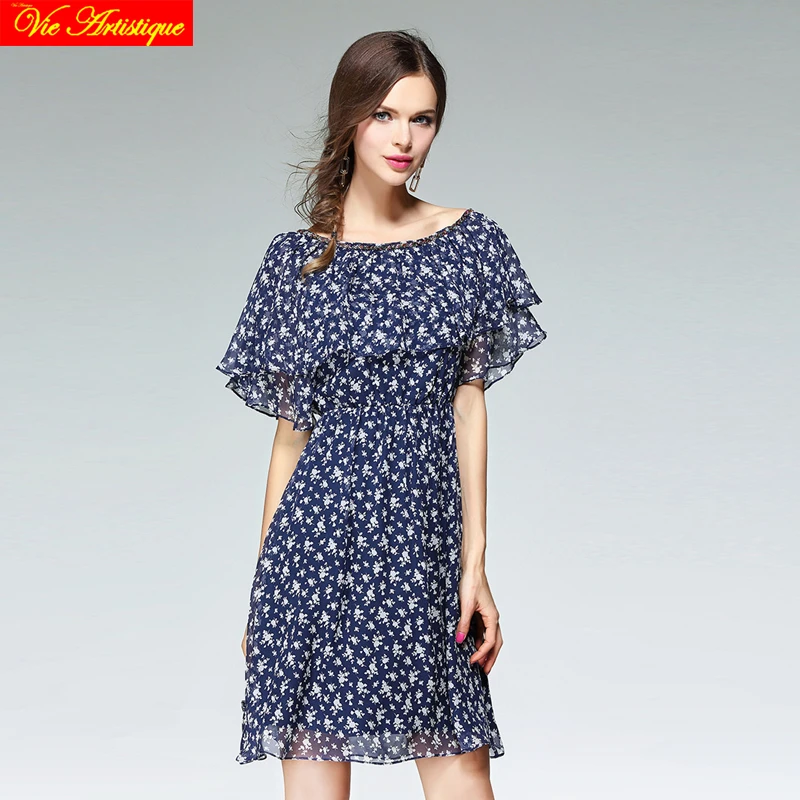women's render Christmas skater dress lady's long casual office slim fit silk dresses blue floral party 2018 spring summer VA |