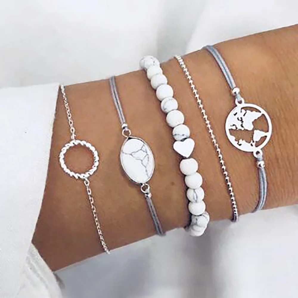 5 шт. богемные браслеты в виде карты сердца с подвесками для женщин модные на