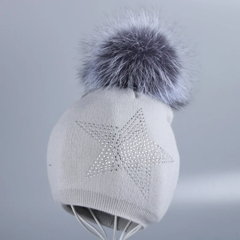 Fox Pom grey hat Новая женская шерстяная зимняя шапка с настоящим помпоном, кашемировые шапочки, блестящая кристаллическая звезда, мягкая термальная натуральная норка, лиса, звезда, шапочки - Цвет: Fox Pom grey hat