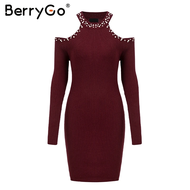 BerryGo сексуальное облегающее зимнее платье с открытыми плечами и бусинами женское