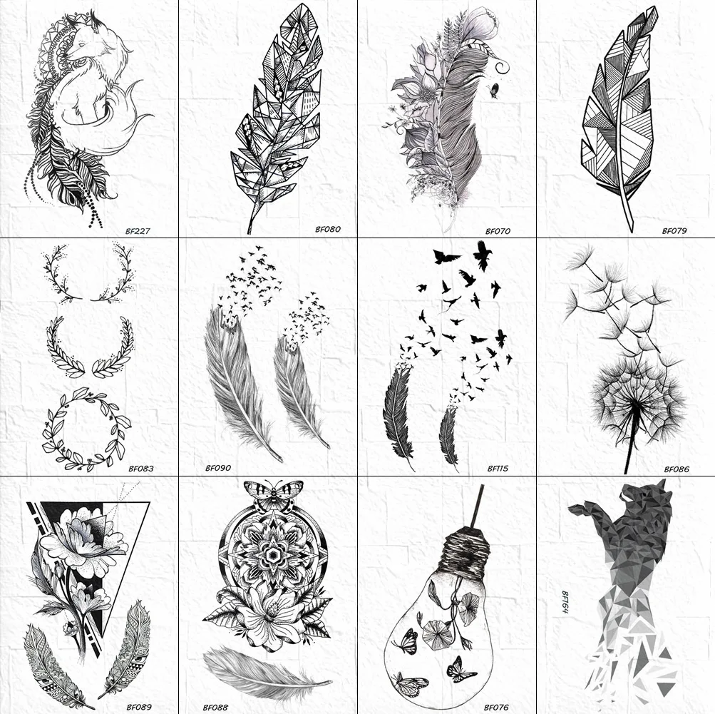 Waterproof Sketch Feather Tattoos Temporary Women Body Arm Art Tattoo Sticker Girls Geometric Henna Bird Tatoos Fake Leaf Decals