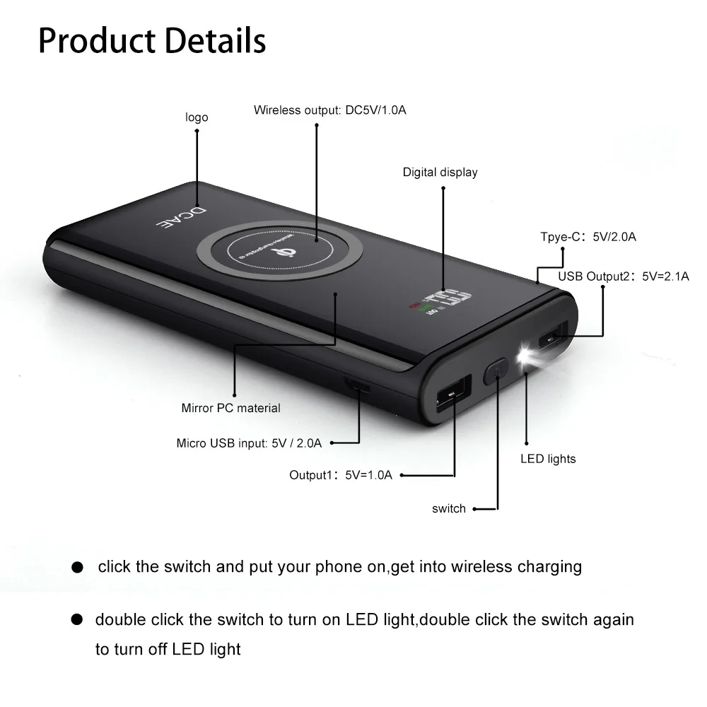 DCAE 10000 мАч QI Беспроводное зарядное устройство для iPhone XS Max XR X 8 Быстрая Двойная USB