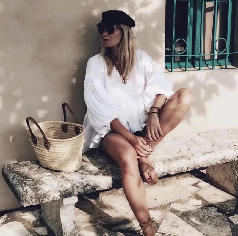 TEELYNN Loos Boho блузка белая однотонная блузка Сексуальная С v-образным вырезом пышная с длинным рукавом с кисточками Хлопковая женская рубашка Пляжная одежда блузка blusas