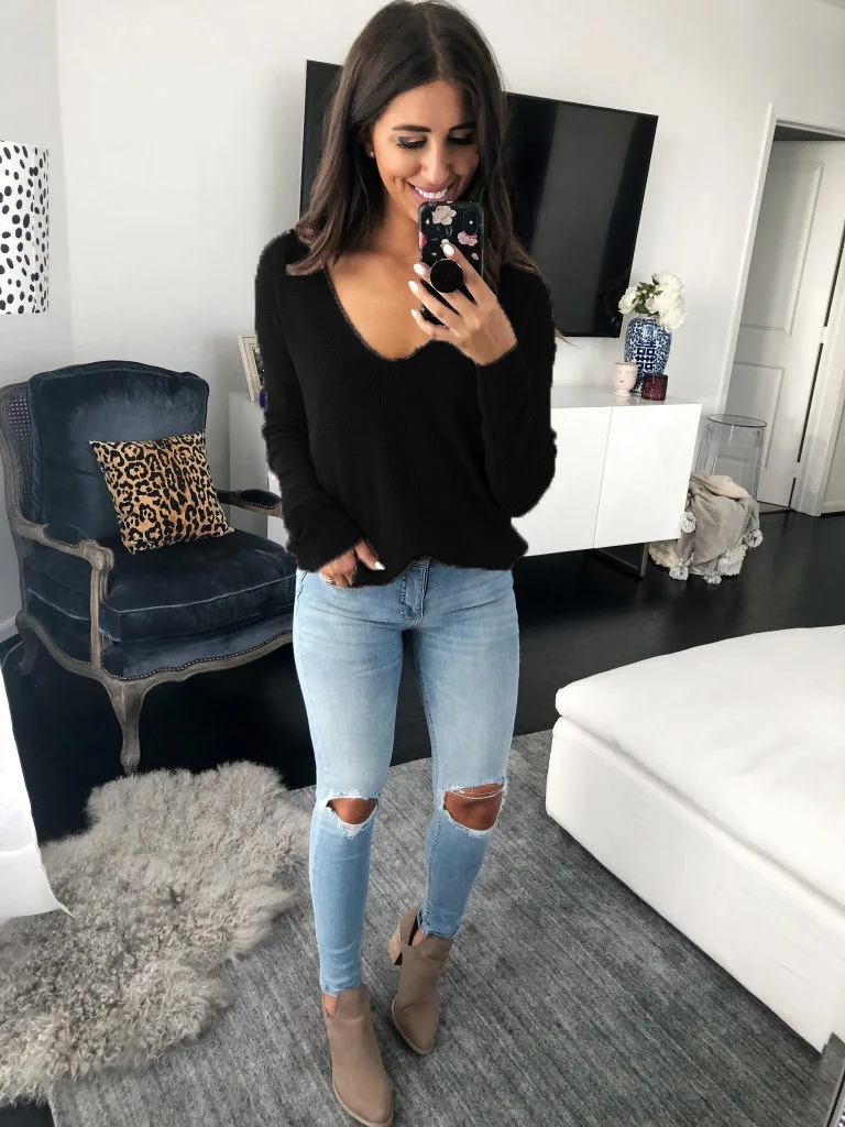 Autumn Women Casual Streetwear Tops Tees Sexy Ladies Fashion V-neck Long-sleeved Loose T-shirts Female Ulzzang Harajuku Tshirt | Женская