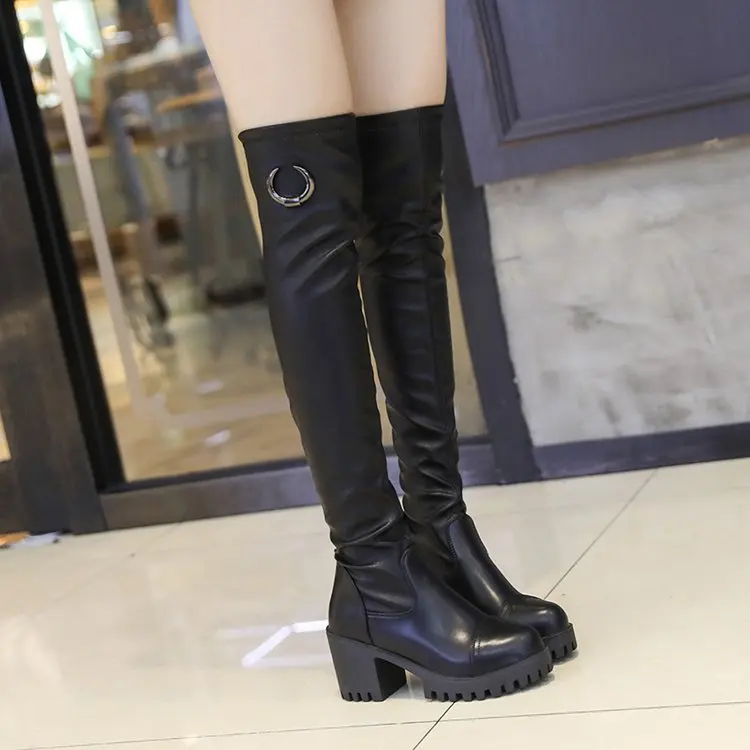 Новинка 2017 года сезон осень-зима Сапоги выше колена на толстом каблуке женская