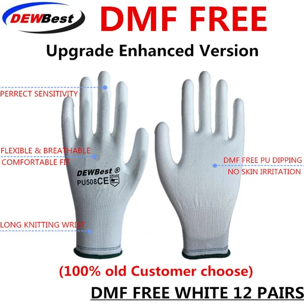 DMF White 12pairs 13 г черные рабочие перчатки pu с покрытием ладони pu рабочие перчатки DEWBest Лучшие поставщики маленькие заказы печатный логотип - Цвет: DMF White 12pairs