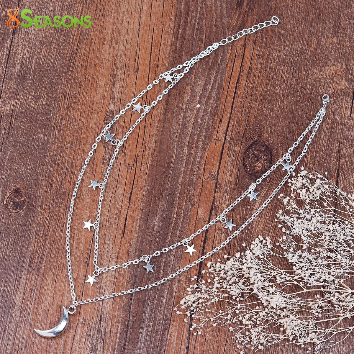 8SEASONS New Fashion Double Layer Necklace Link Cable Chain Antique Silver Color Star Moon Pendants 41.5cm(16 3/8&quot) long 1Piece |