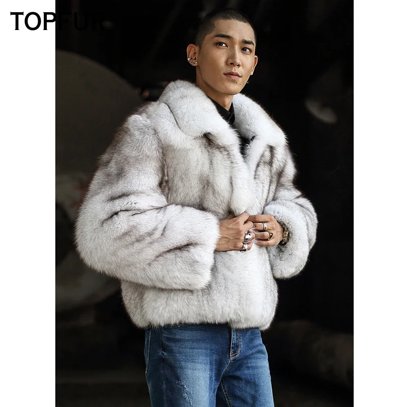 Мужская куртка с натуральным лисьим мехом белая воротником из натуральной кожи