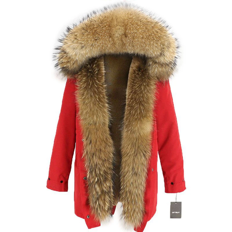 red natural Женская парка с мехом енота OFTBUY, черное водонепроницаемое пальто на меху, с большим капюшоном с отделкой из натурального меха енота, верхняя одежда со съемным мехом, зима - Цвет: red natural