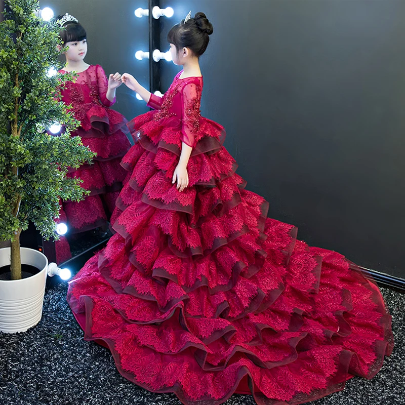 

Three Quarter Sleeve Princess Girls Dress Catwalk Costume Girl's Long Trailing Evening Dresses Luxury Kids Party Gown Dress F256