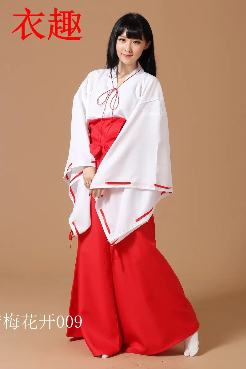 Популярный аниме Inuyasha Cos Kikyou косплей кимоно для Хэллоуина Miko одежда полный комплект 5в1(топ+ штаны+ ремень+ бант+ красная лента