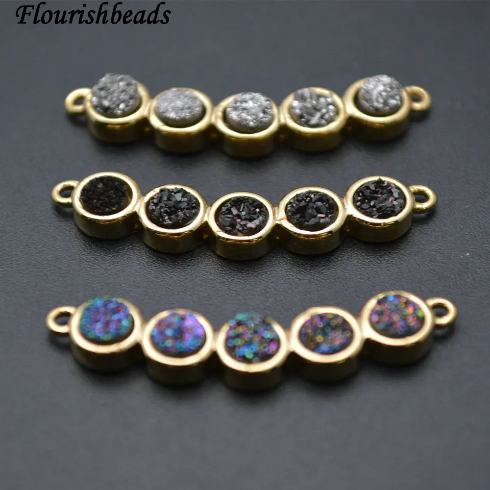 

Two loops 5 Druzy Agate Stone Cabochons Strip Shape Pendant Jewelry Connectors Rainbow / Black / Silver color