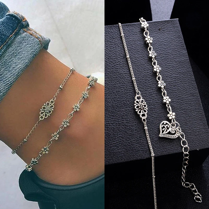 Новый 2 шт./компл. Регулируемый двойной анклет с бабочками Серебряное сердце