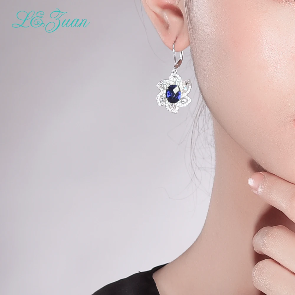 Lanzuan 100% Серебряные серьги-гвоздики из стерлингового серебра 925 пробы 5.84ct Голубой Камень Шахматная Доска Роскошный Цветок Для Женщин Рождественский Подарок.