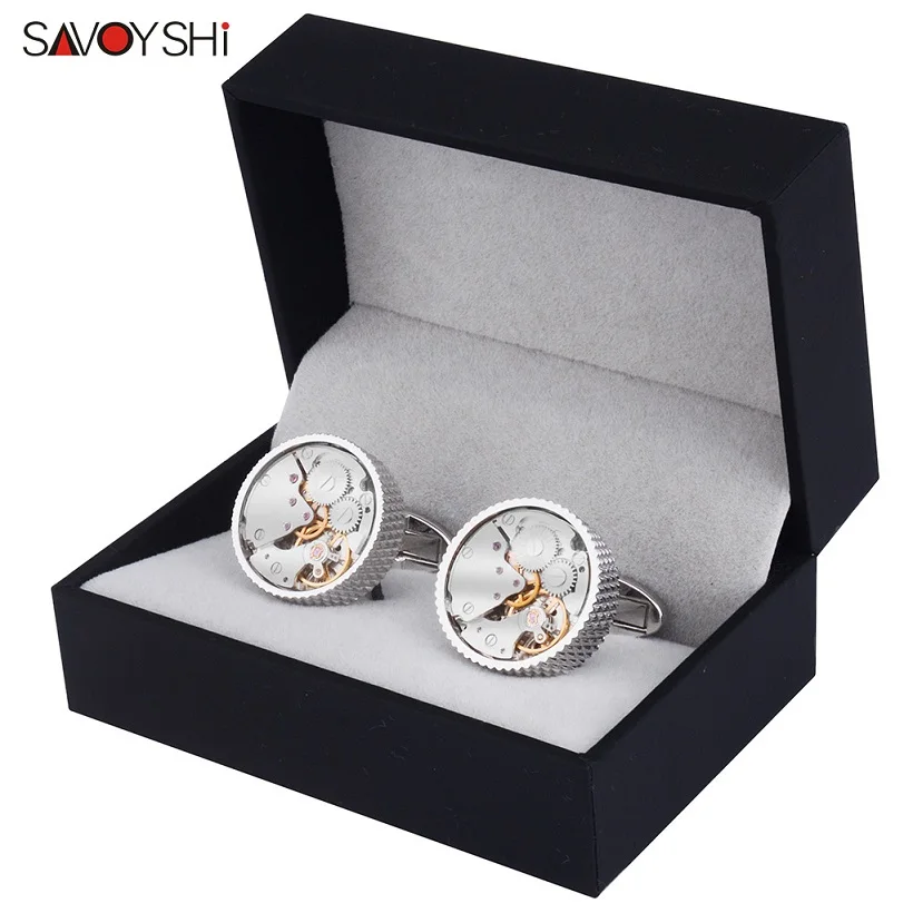 Cufflinks with box A SAVOYSHI Классическая рубашка запонки для мужчин бренд высокого качества Серебряные Круглые механические часы запонка двигатель пуговицы бизнес подарок - Окраска металла: Cufflinks with box A