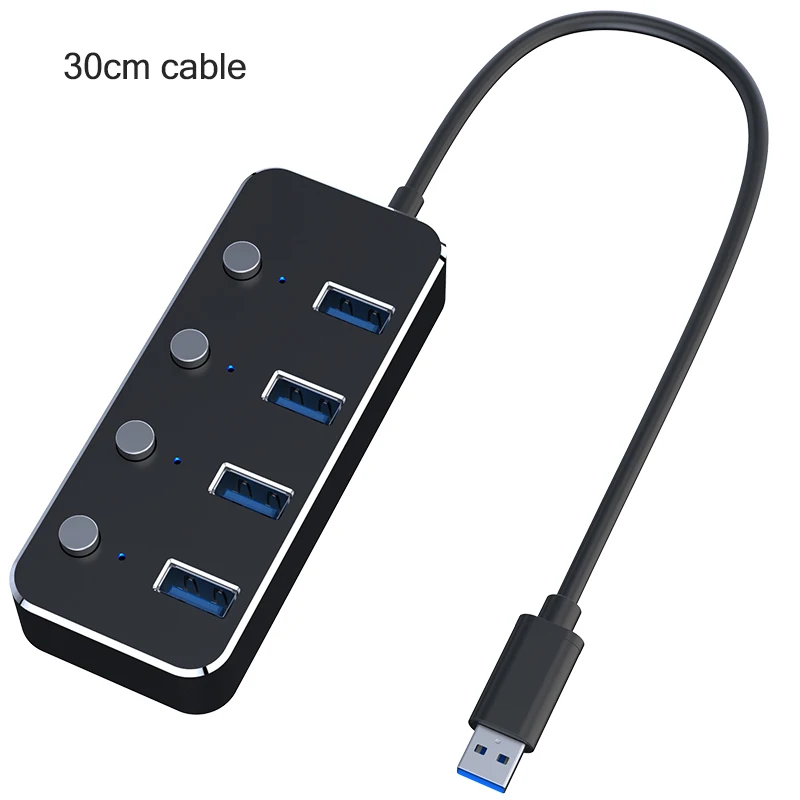 Black 30cm Алюминий сплава 4-Порты и разъёмы USB 3,0 концентратор суб-контроль переключатель ступицы 30/60/120 см кабель до 5 Гбит/с разветвитель для мульти зарядное устройство USB для ноутбука - Цвет: Black 30cm