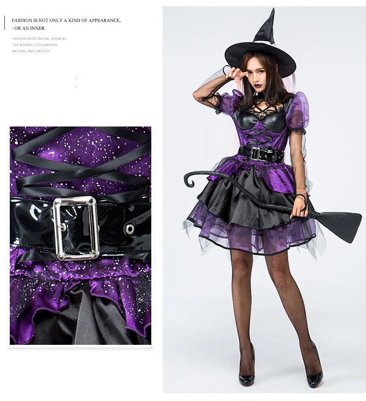 

Halloween cosplay costume for women wizard witch short dress girls fancy ball party carnival sexy costume and hat and belt