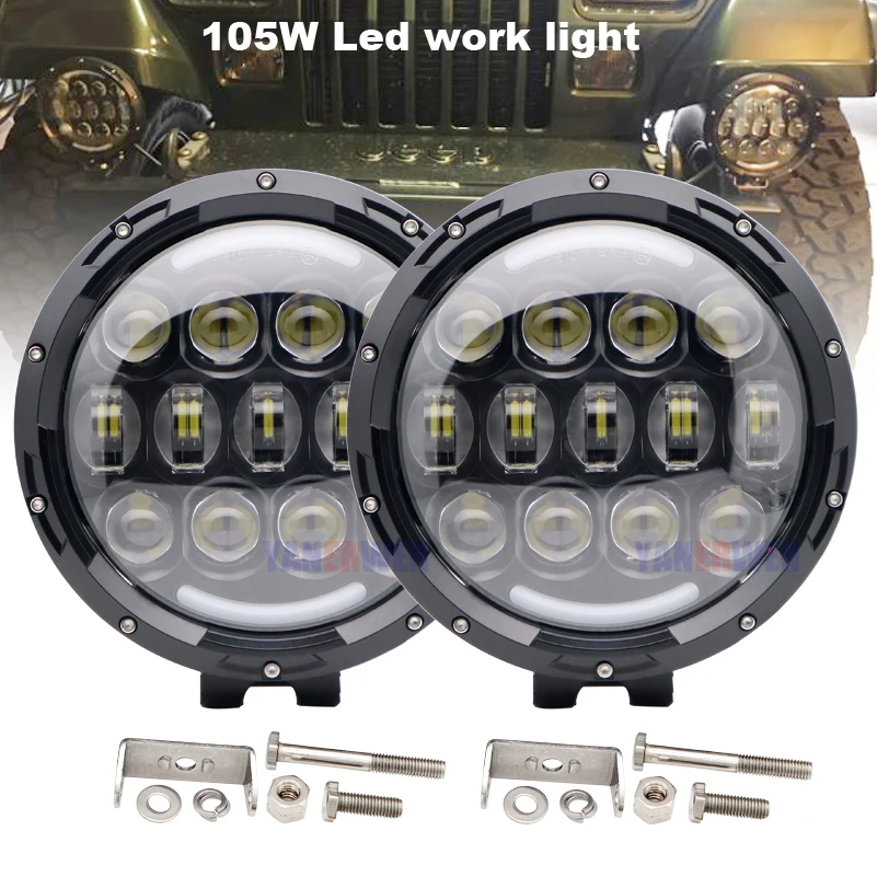 

1Pair 7'' inch 105W Round LED Work Light Hi Low Beam Headlight For Jeep 4x4 Offroad Truck Tractor ATV SUV Driving Lamp