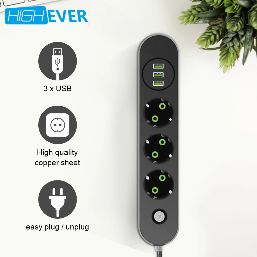 Highever USB Мощность розеток штепсельная вилка европейского стандарта 3 розетки