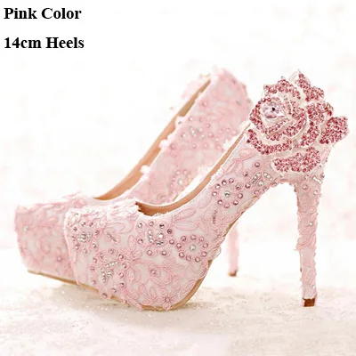Pink 14cm Heels Модные розовые свадебные туфли Свадебные туфли на высоком каблуке со стразами и украшением в виде роз Туфли-лодочки принцессы на платформе с закругленным носком Туфли для торжеств - Цвет: Pink 14cm Heels
