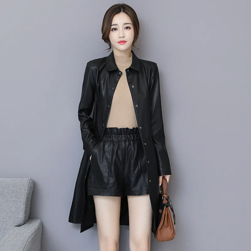 Повседневная Свободная Женская длинная куртка из искусственной кожи однотонное