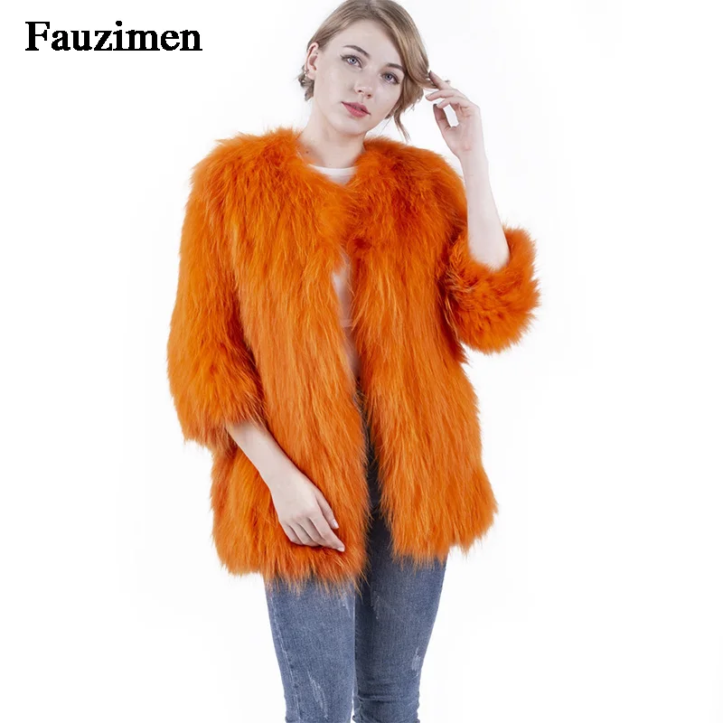 Натуральный мех енота пальто Красочные Роскошные Для женщин Меховая куртка