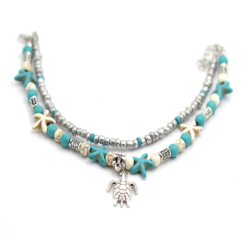 Женский многослойный браслет на ногу с бусинами в виде черепахи и морской звезды